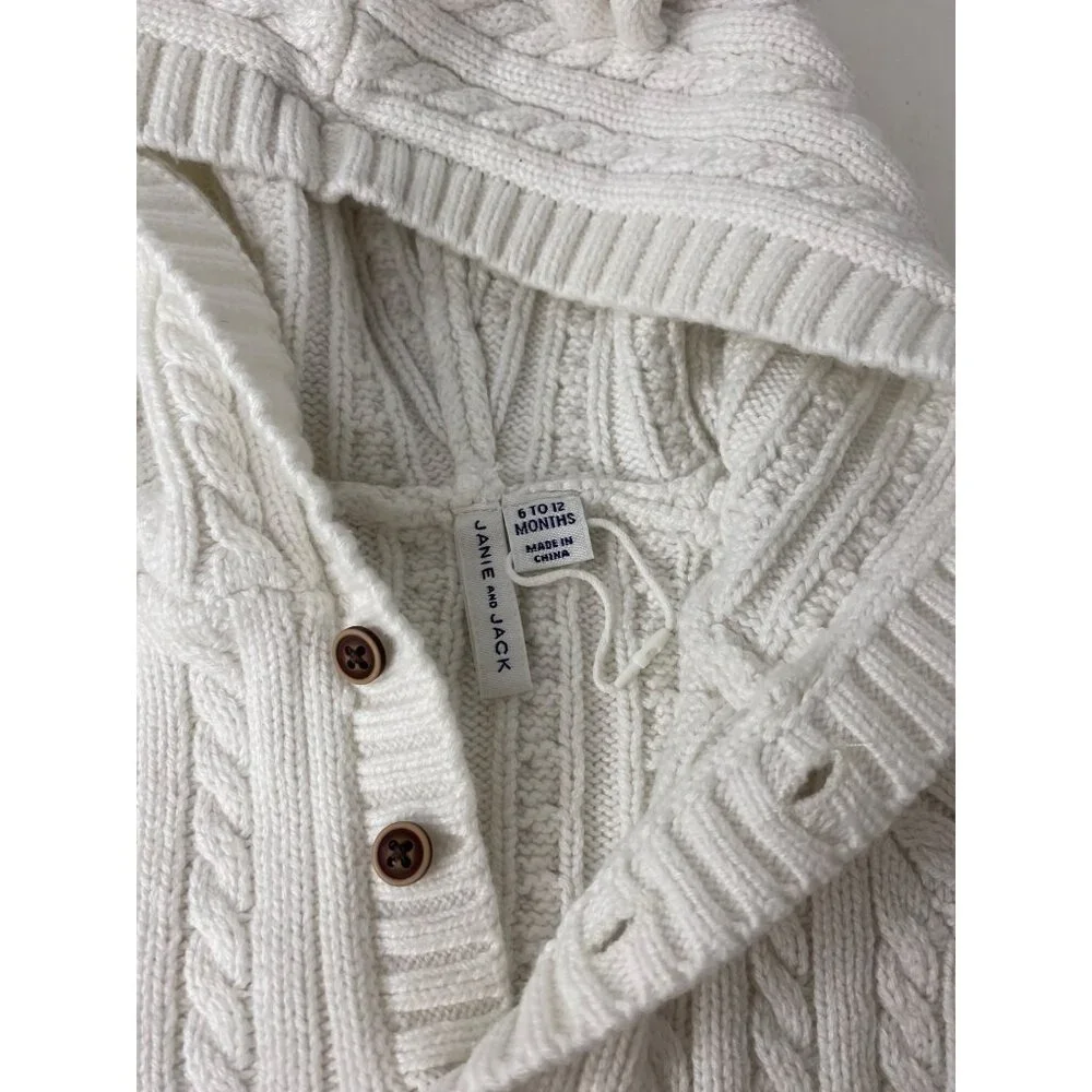 Janie & Jack Infant Cable Knit White Hooded Jumpsuit Henley Top Size 6-12M‎